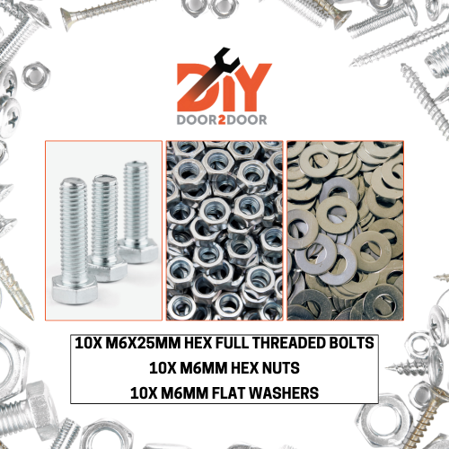 10X M6X25MM HEX FULL THREADED BOLTS, NUTS & FLAT WASHERS