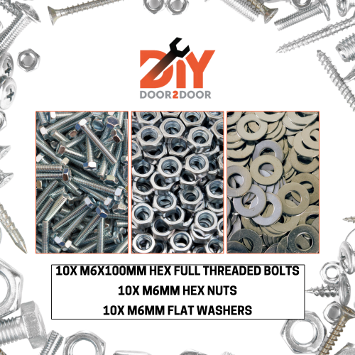 DIYDOOR2DOOR 10X M6X100MM HEX FULL THREADED BOLTS, NUTS & FLAT WASHERS