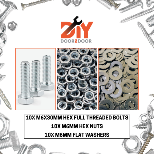 DIYDOOR2DOOR 10X M6X30MM HEX FULL THREADED BOLTS, NUTS & FLAT WASHERS
