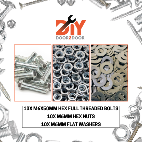 DIYDOOR2DOOR 10X M6X50MM HEX FULL THREADED BOLTS, NUTS & FLAT WASHERS