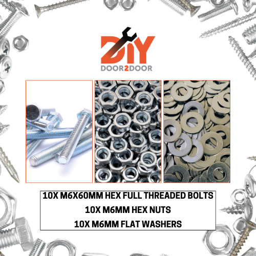 DIYDOOR2DOOR 10X M6X60MM HEX FULL THREADED BOLTS, NUTS & FLAT WASHERS