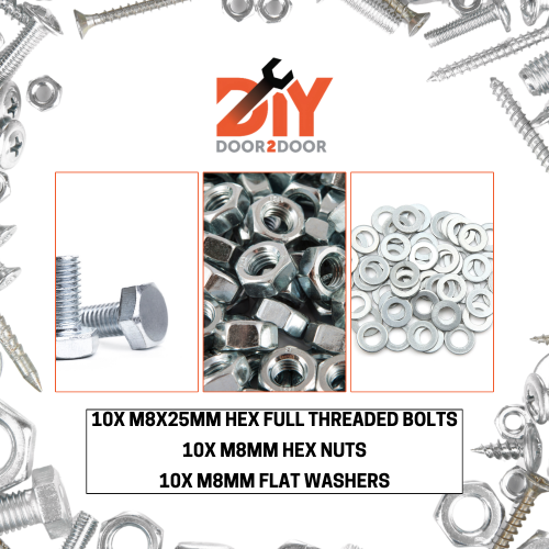DIYDOOR2DOOR 10X M8X25MM HEX FULL THREADED BOLTS, NUTS & FLAT WASHERS